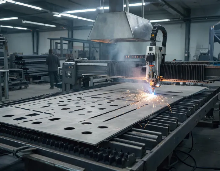CNC plasma table cutting steel plate under a fume hood